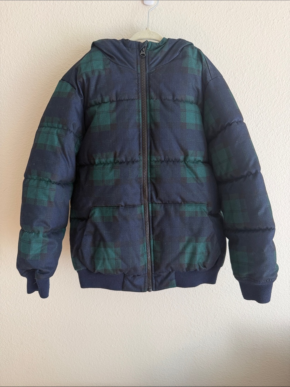 GAP Navy and Green Plaid Hooded Puffer Jacket